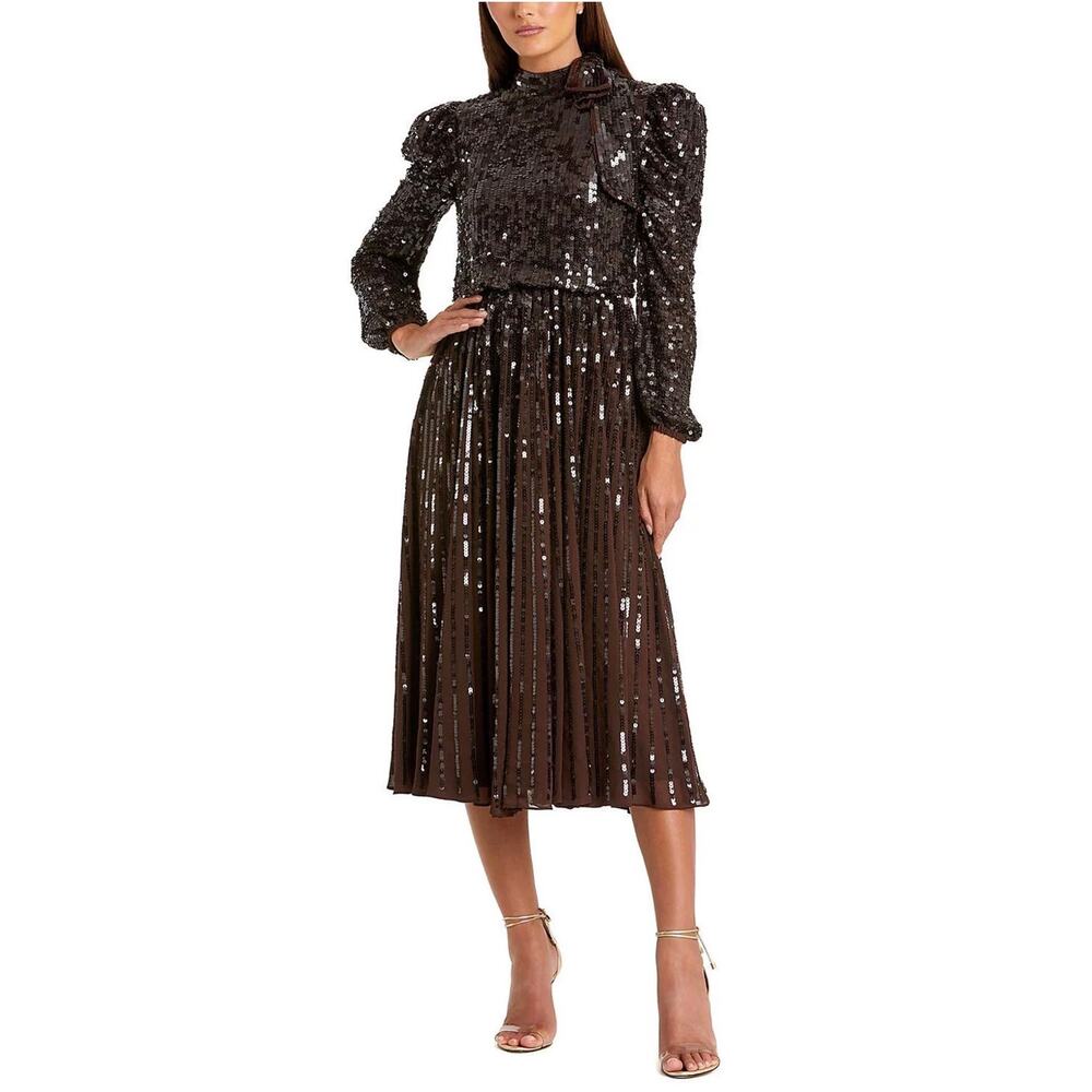 Mac Duggal 93642 Women's Cocktail Dress Size 14 Brown Sequined Long Sleeve Midi